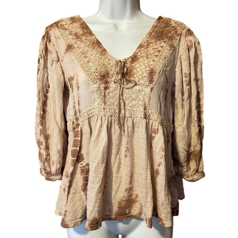 Beige Peasant Blouse with Smocked Yoke